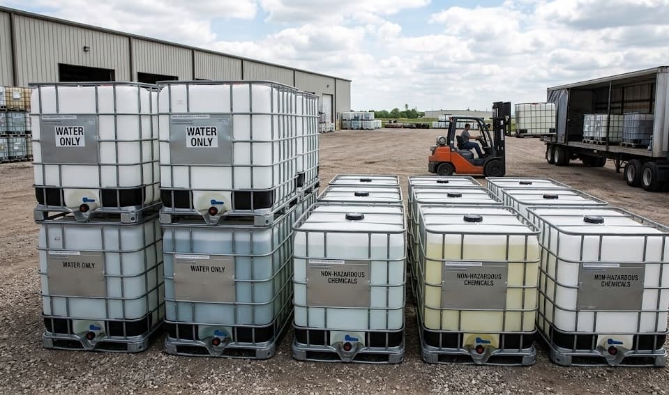 Forklift loading water-grade IBC totes onto delivery truck