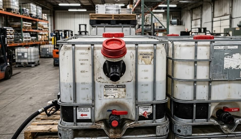 Close-up of IBC tote valve, cap, and markings showing quality inspection details