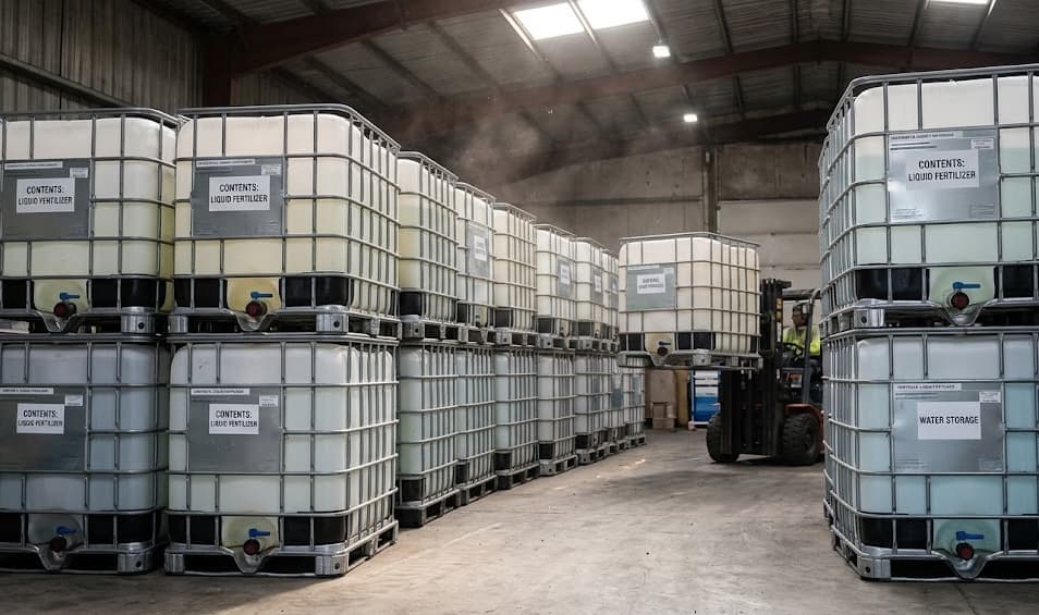 IBC Minneapolis warehouse interior with rows of labeled IBC totes undergoing the reconditioning process